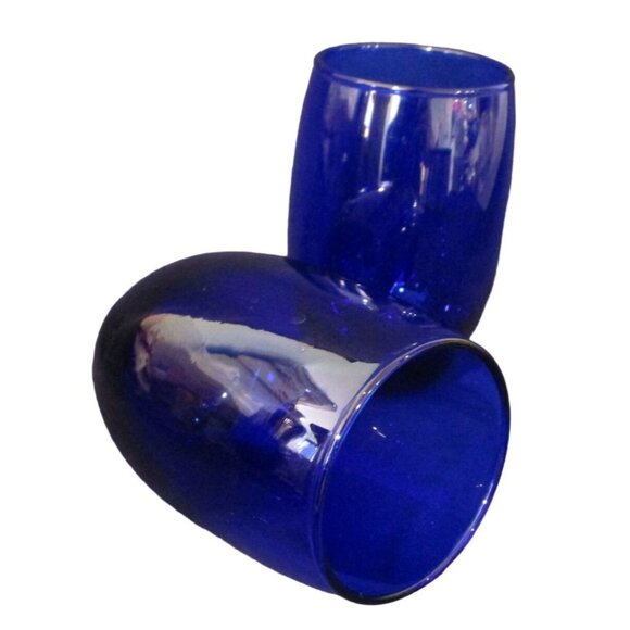 Vintage Cobalt Blue Stemless Wine Glasses Set of 2 EUC Unmarked - Picture 1 of 12